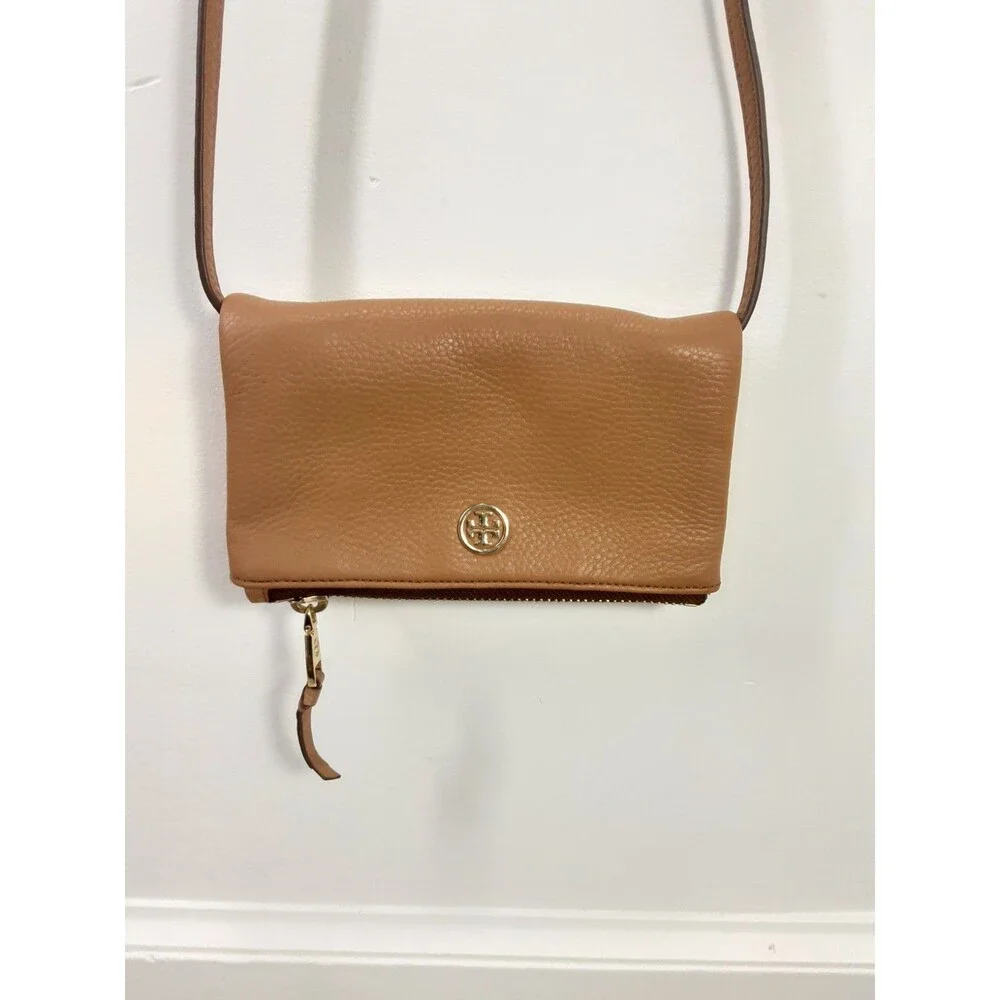 Tory Burch Robinson Crossbody Bag Small Clutch Foldover Tan Pebbled Leather
